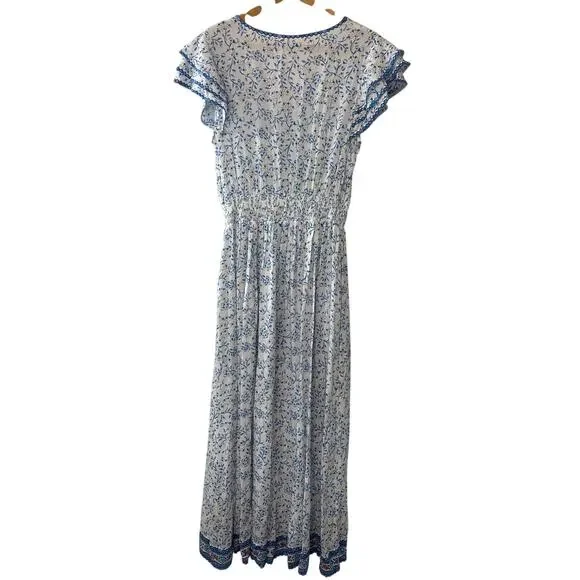 Poupette St Barth Della Blue Floral Midi Dress Smocked Waist XS - Picture 4 of 11